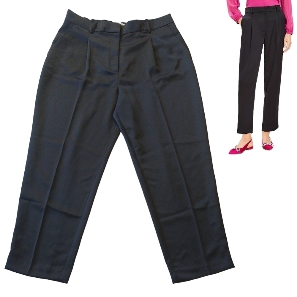 LOFT Black High Rise Ankle Pleated Tapered Pants in Satin Career Professional